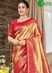 Awesome Red Color Kanjivaram Silk New Designer Party Wear Saree